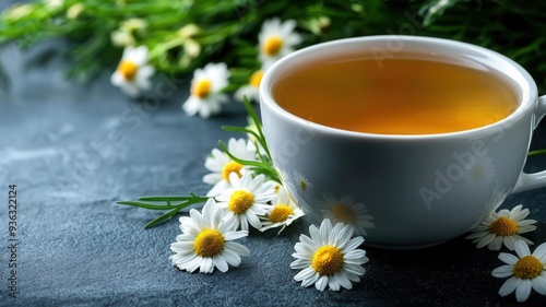 Herbal chamomile tea in a ceramic cup with fresh chamomile flowers, Chamomile tea, herbal and healthy