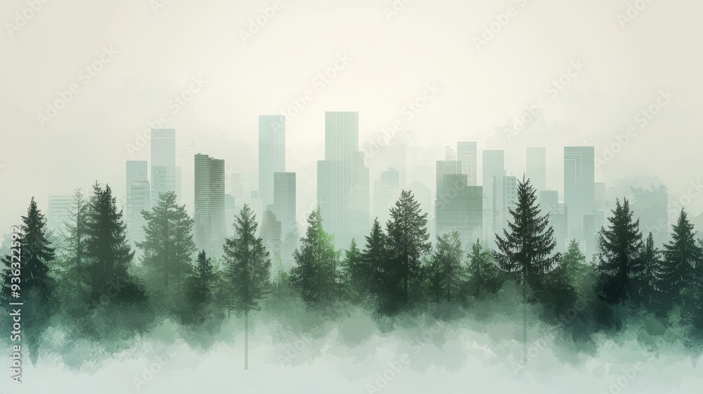 Cityscape Silhouette in Foggy Forest Cityscape Silhouette in Foggy Forest