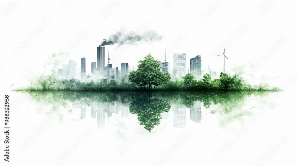 Green City Skyline with Wind Turbine and Pollution Reflection Green City Skyline with Wind Turbine and Pollution Reflection