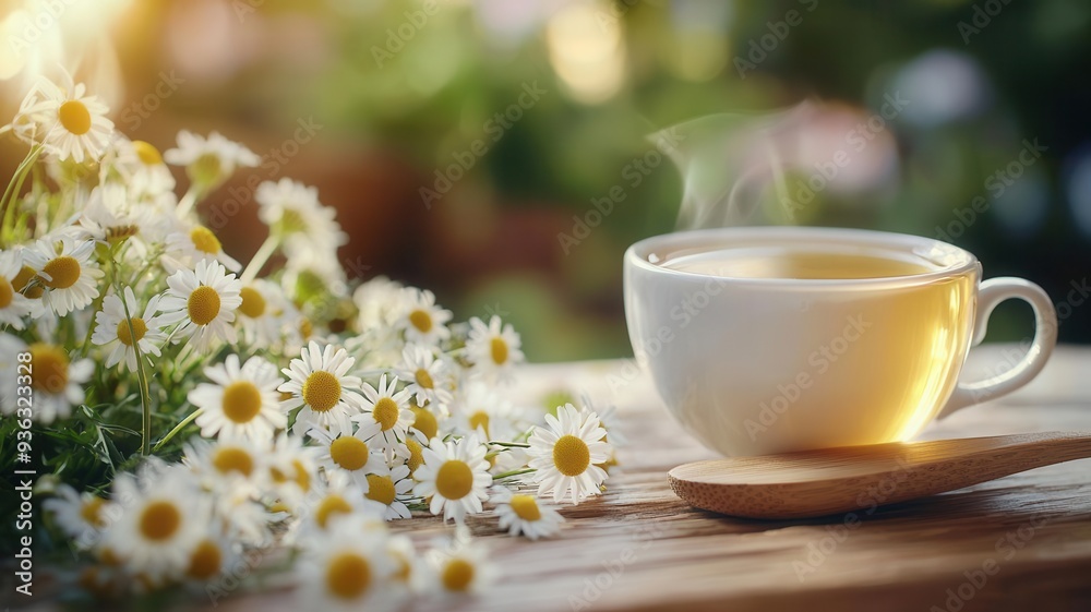 Chamomile tea being stirred with a wooden spoon, Chamomile tea, homely and warm Chamomile tea being stirred with a wooden spoon, Chamomile tea, homely and warm