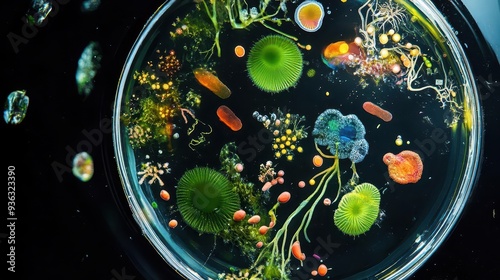 Microscopic view of an ecosystem within a petri dish, showing the interaction of various species in a controlled environment photo