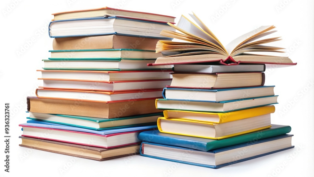 A neat stack of assorted textbooks, novels, and educational resources on a plain white background, evoking a sense of learning and academic pursuit. A neat stack of assorted textbooks, novels, and educational resources on a plain white background, evoking a sense of learning and academic pursuit.