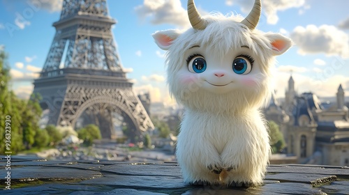 araffe with horns and blue eyes sitting on a ledge in front of the eiffel tower photo