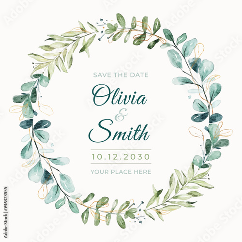 Realistic Watercolor Green and Blue Plants and Leaves Wreath