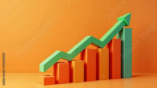 3D bar graph with upward green arrow, symbolizing growth and success. Ideal for business, finance, and achievement concepts.