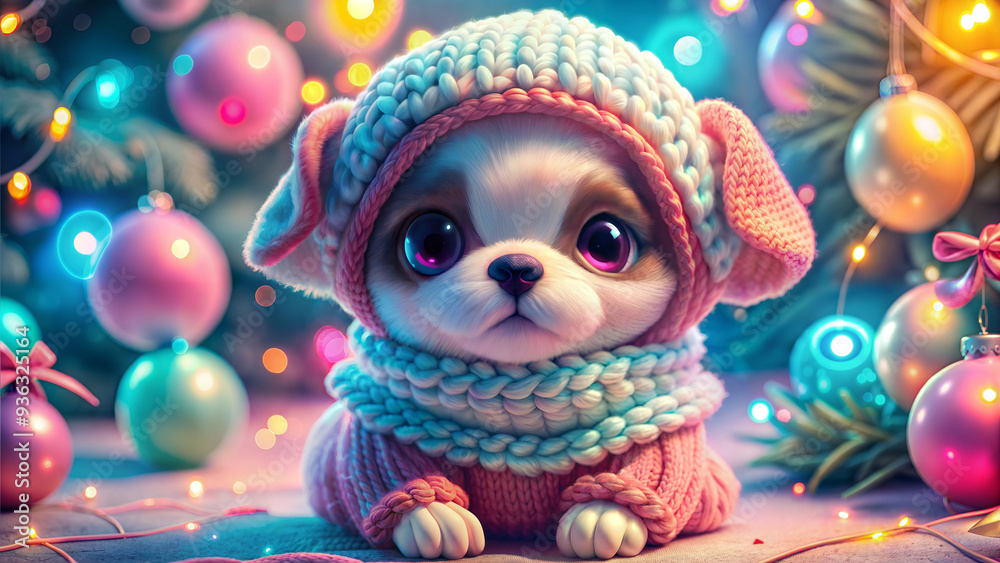 Charming puppy toy drive with cozy winter wear cheerfully posed among festive Christmas decorations Charming puppy toy drive with cozy winter wear cheerfully posed among festive Christmas decorations