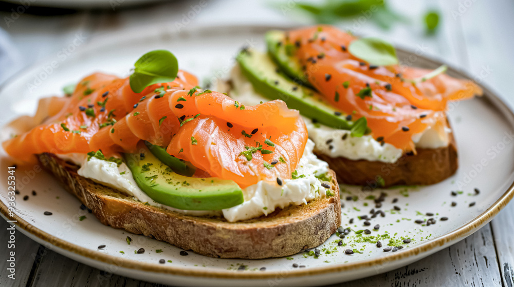 Avocado toast with smoked salmon for breakfast, homemade cuisine and traditional food, country life Avocado toast with smoked salmon for breakfast, homemade cuisine and traditional food, country life