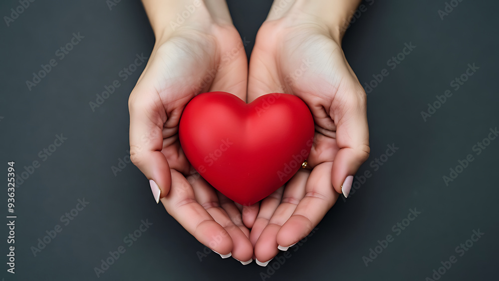 Obraz premium A pair of hands gently cradling a bright red heart, symbolizing love, care, and compassion. Perfect for health, charity, and Valentine's Day themes.