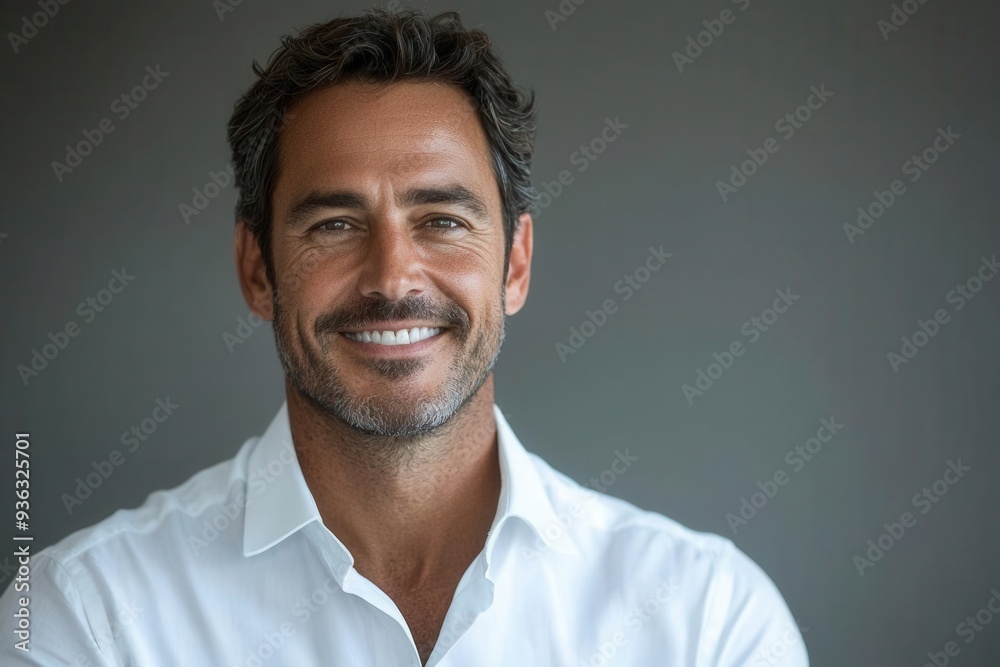 Smiling businessman in a crisp white shirt, looking directly at the camera, against a neutral background with generous copy space Smiling businessman in a crisp white shirt, looking directly at the camera, against a neutral background with generous copy space