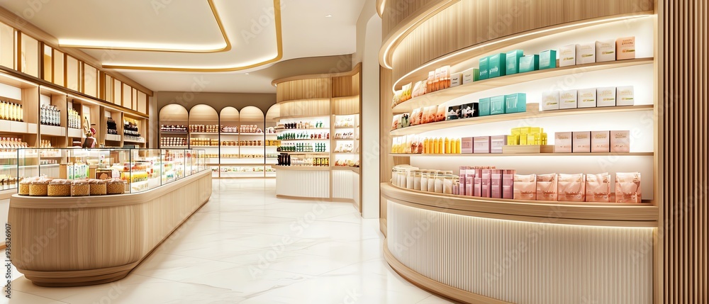Modern beauty store interior featuring elegant wooden shelves and ...