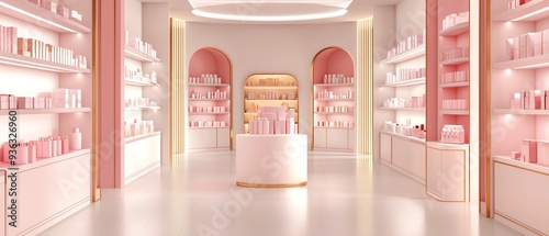A modern, stylish interior of a beauty store showcasing elegant pink shelves filled with cosmetic products.