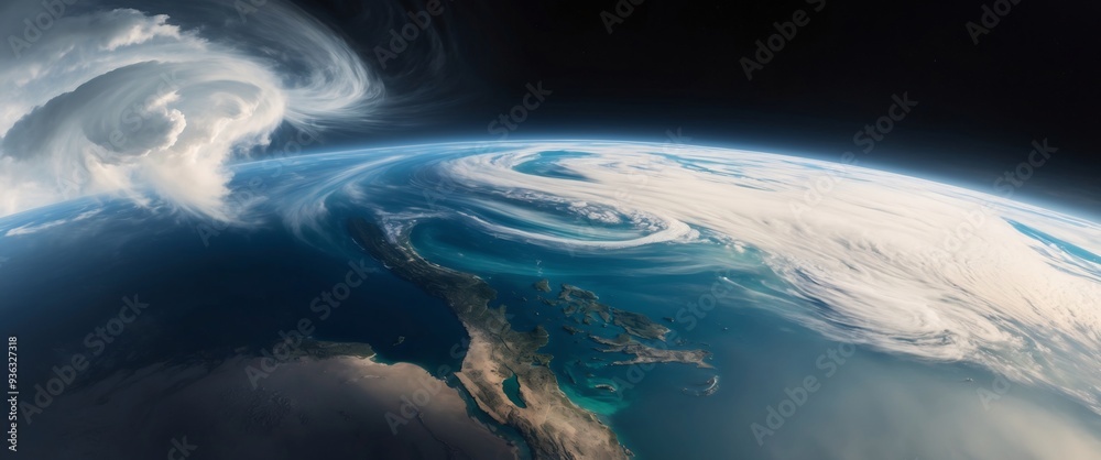 Fototapeta premium Stunning View of Earth from Space Captured in High Detail, Showcasing the Planet's Vibrant Blue Oceans, Green Landmasses, and White Polar Ice Caps, Perfect for Space and Science Enthusiasts.