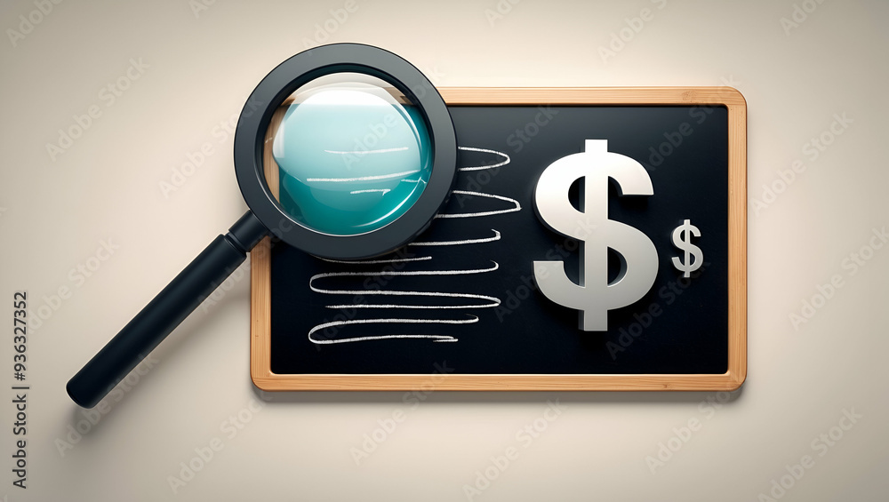 3d Flat icon as Blackboard with Magnifying Glass and Dollar Sign concept as A blackboard with a magnifying glass and a dollar sign set against a dreamy background offering ample space for text or grap 3d Flat icon as Blackboard with Magnifying Glass and Dollar Sign concept as A blackboard with a magnifying glass and a dollar sign set against a dreamy background offering ample space for text or grap