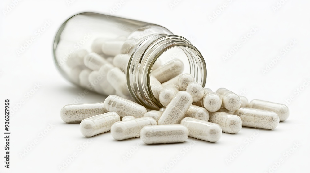Magnesium supplements spilled from a glass bottle onto a white background. Food additives. Focused on the foreground. ID_fd1305a0-d6ba-4cc7-8aec-22e17c0d635d Magnesium supplements spilled from a glass bottle onto a white background. Food additives. Focused on the foreground. ID_fd1305a0-d6ba-4cc7-8aec-22e17c0d635d