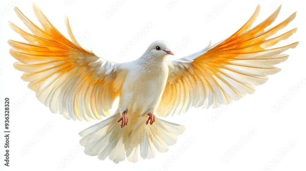 Fototapeta premium A White Dove with Golden Wings Soaring Through a White Sky Watercolor Painting
