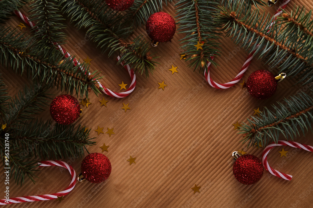 Abstract Christmas and New Year's background with Christmas tree and red Christmas balls.