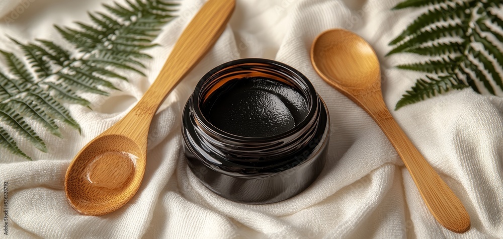 Black Beauty A CloseUp of a Black Jar on a White Fabric with Wooden Spoons and Fern Fronds Black Beauty A CloseUp of a Black Jar on a White Fabric with Wooden Spoons and Fern Fronds