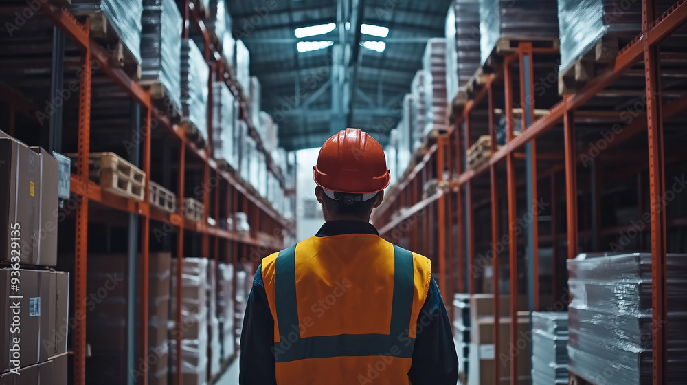 Warehouse worker wearing hard hat and vest walking through large industrial warehouse Warehouse worker wearing hard hat and vest walking through large industrial warehouse