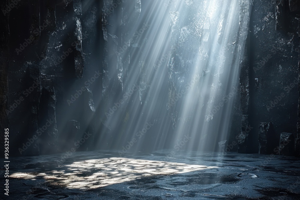 A single beam of light shines into a dark, grunge stone cave A single beam of light shines into a dark, grunge stone cave