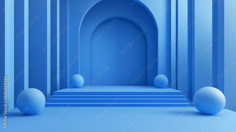 Abstract blue interior featuring large spheres and arched doorways, showcasing modern minimalist design with geometric shapes and symmetry.
Abstract blue interior featuring large spheres and arched doorways, showcasing modern minimalist design with geometric shapes and symmetry.