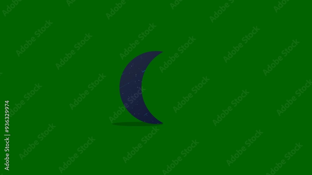 Animation of the sky appearing inside moon shape with shadow on a green screen background Animation of the sky appearing inside moon shape with shadow on a green screen background