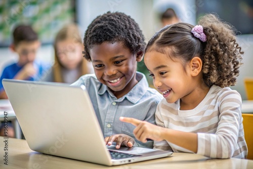 Excited Kids at the Computer Desk. Two children are joyfully engaged with a laptop, captivated by the screen.