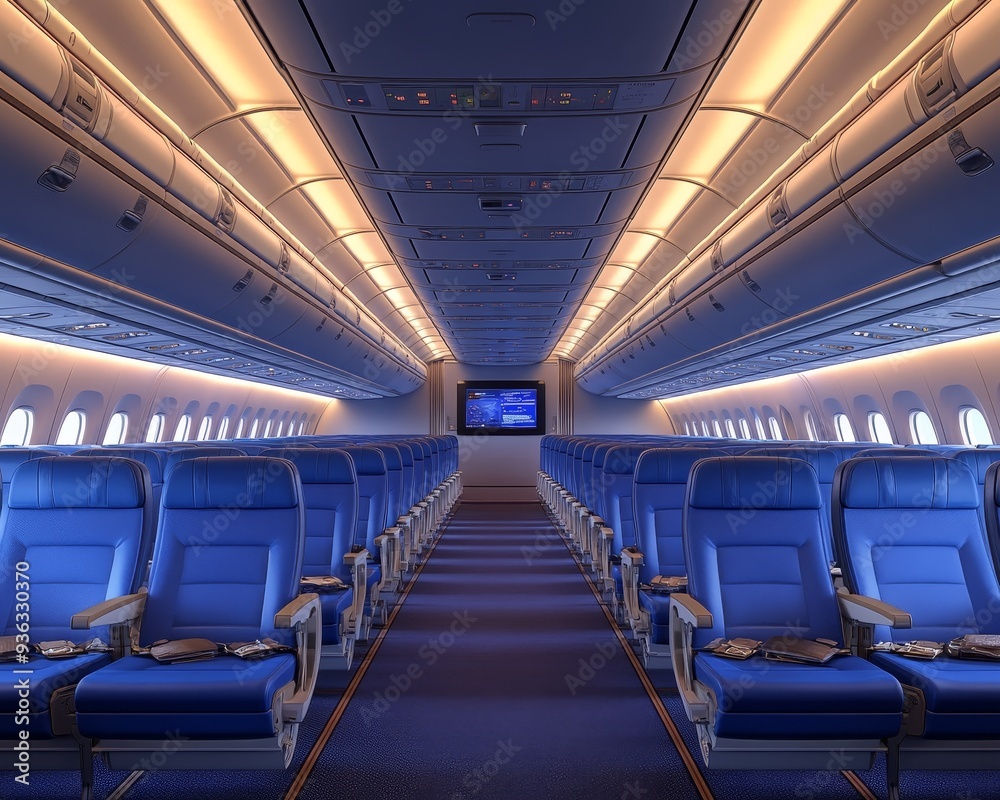 Fototapeta premium Empty Airplane Seats A Perspective of Isolation and Anticipation Blue Upholstery Aisle View Overhead Compartments