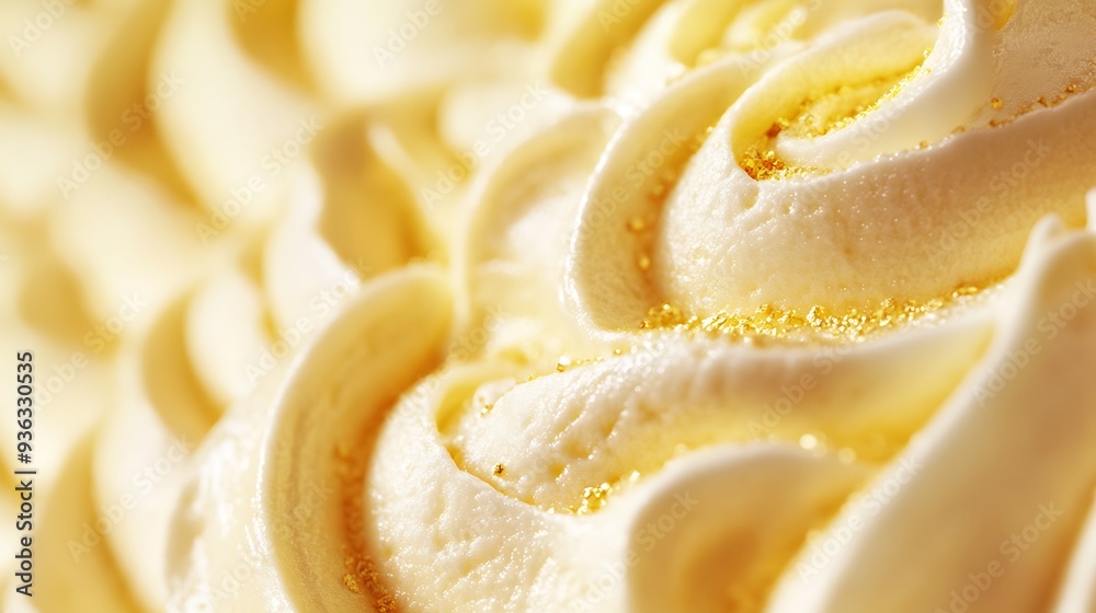 Close-up of a swirl of creamy frosting with gold sprinkles. Close-up of a swirl of creamy frosting with gold sprinkles.