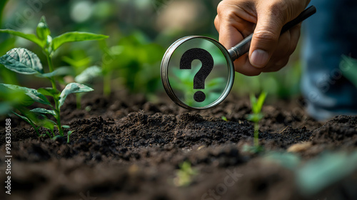 A hand holds a magnifying glass with a question mark, hovering over a seedling in soil, symbolizing agricultural research or environmental uncertainty.

