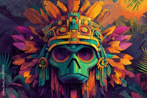 A Colorful Skull-like Mask With Feathers and Jungle Foliage