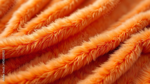 Close-up of a luxuriously soft and plush orange faux fur fabric with gentle folds. Perfect for showcasing textures in fashion, home decor, or product photography, conveying warmth and comfort. photo