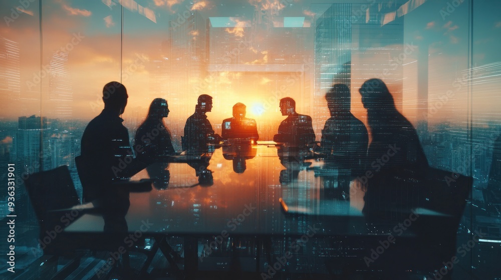 Double exposure image of many business people conference group meeting on city office building Double exposure image of many business people conference group meeting on city office building