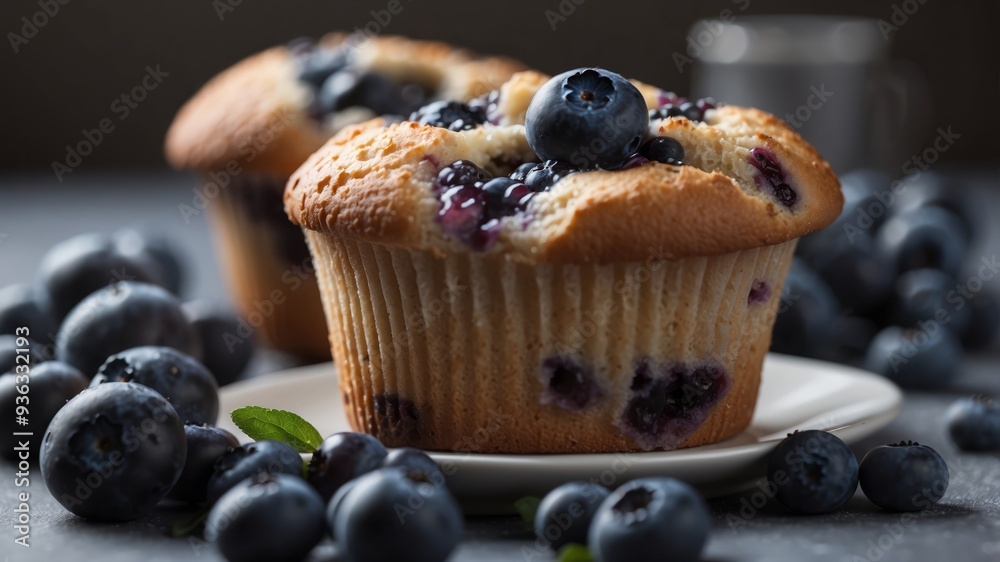 Close-up of blueberry muffin surrounded by fresh blueberries. Close-up of blueberry muffin surrounded by fresh blueberries.