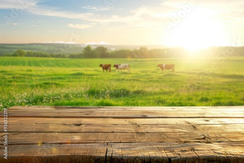 product display scene with wooden surface and summer morning light over green meadow with cows, ideal for dairy products and food themes