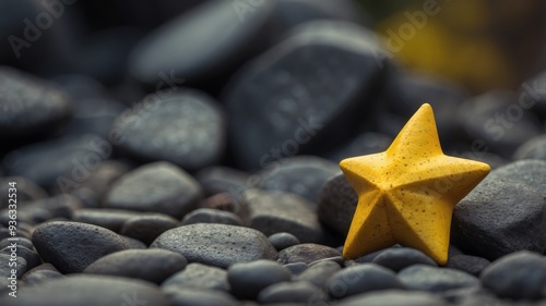 Yellow star-shaped object lying on rocky surface. photo