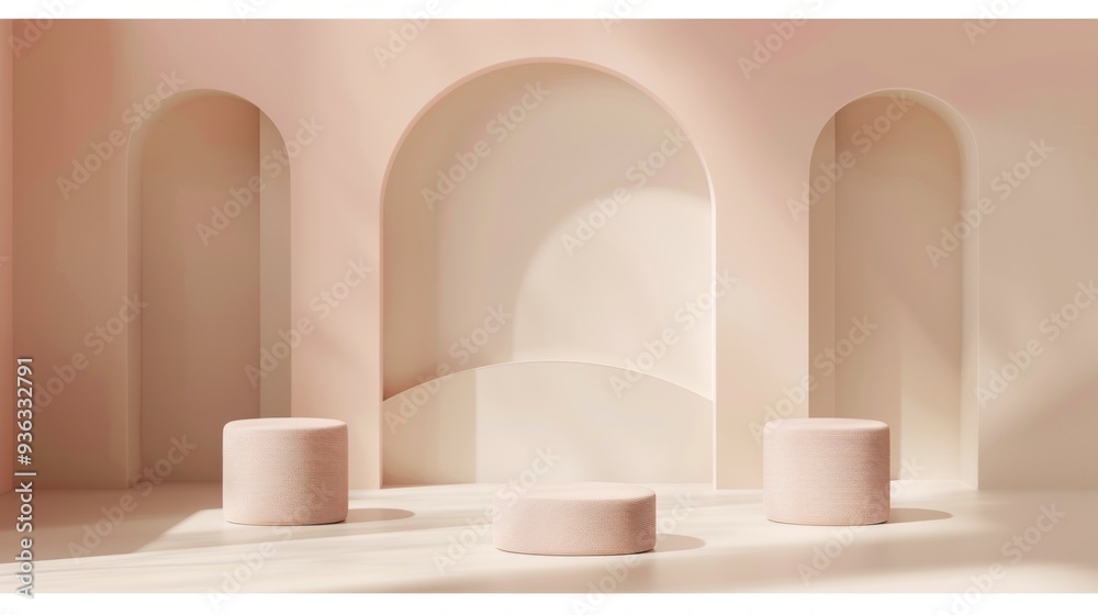 Three elegant pastel pink stools create a calm atmosphere in a minimalist setting, illuminated by soft light filtering through arched contours, embodying modern tranquility