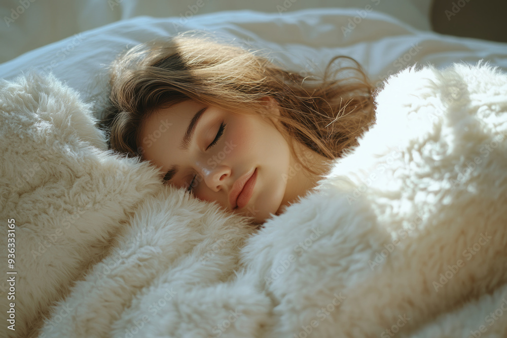 Young woman is enjoying a peaceful sleep while lying in a white bed Young woman is enjoying a peaceful sleep while lying in a white bed