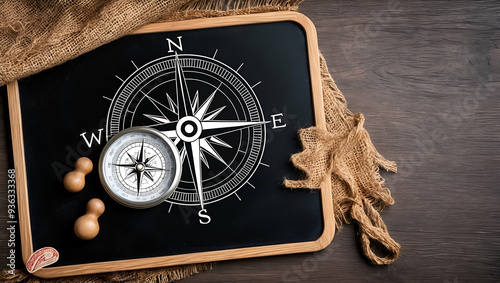 Photo Realistic as Blackboard with Compass and Map concept as A blackboard featuring a compass and a map set against a whimsical background offering ample space for text or graphics symbolizing naviga photo