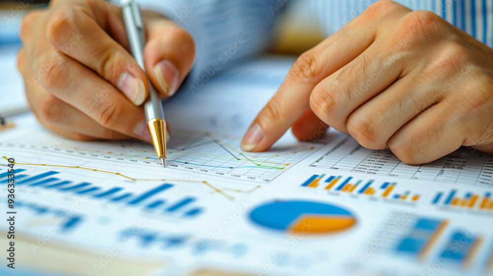 Close-up of a business analyst's hands working on a financial report with graphs and charts on paper: with copy space Close-up of a business analyst's hands working on a financial report with graphs and charts on paper: with copy space
