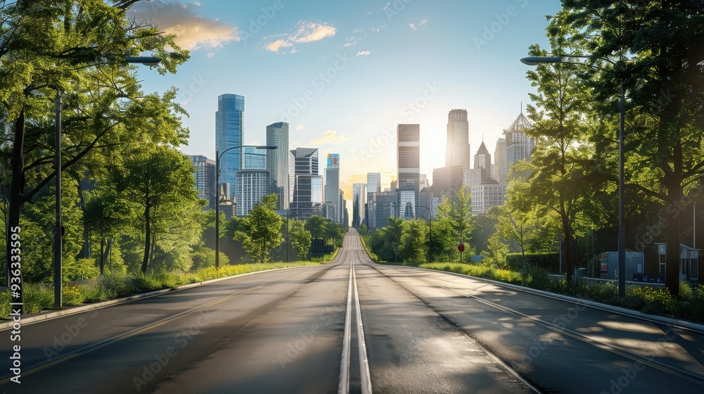 A serene urban road lined with trees, leading into a bustling city with tall skyscrapers under soft morning light. A serene urban road lined with trees, leading into a bustling city with tall skyscrapers under soft morning light.