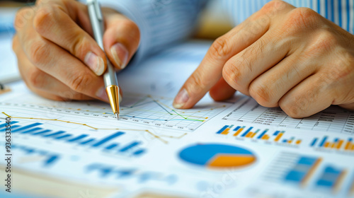 Close-up of a business analyst's hands working on a financial report with graphs and charts on paper: with copy space