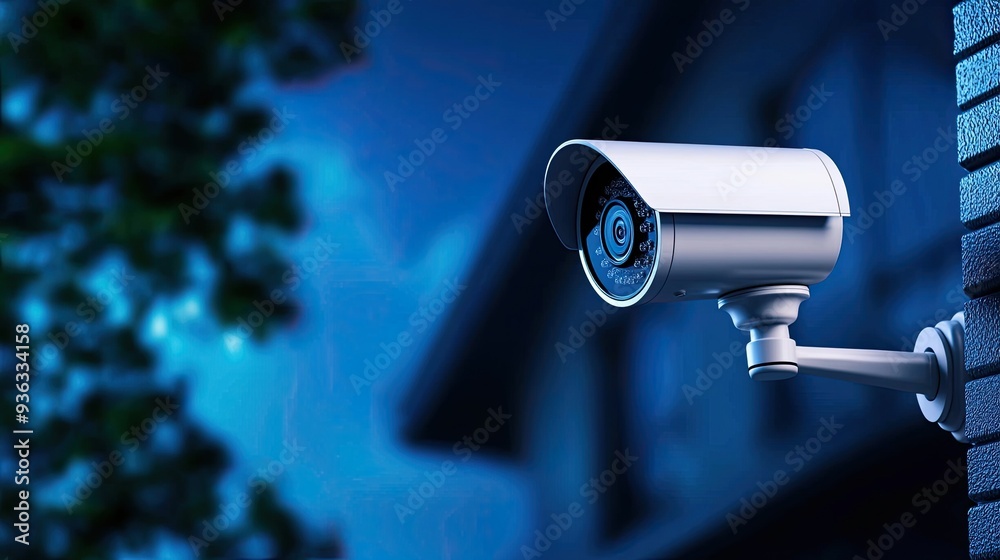A close-up of a modern security camera mounted on a wall, capturing the essence of surveillance in a serene evening light. A close-up of a modern security camera mounted on a wall, capturing the essence of surveillance in a serene evening light.