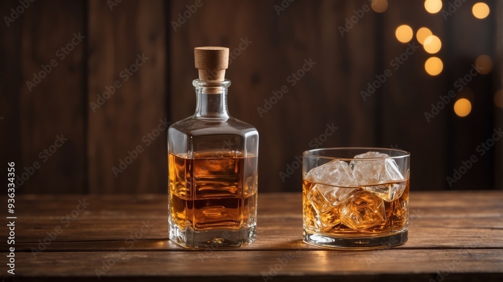 A Relaxing Evening Whiskey Bottle and Glass of Ice on Wooden Table by Wooden Wall. A Relaxing Evening Whiskey Bottle and Glass of Ice on Wooden Table by Wooden Wall.
