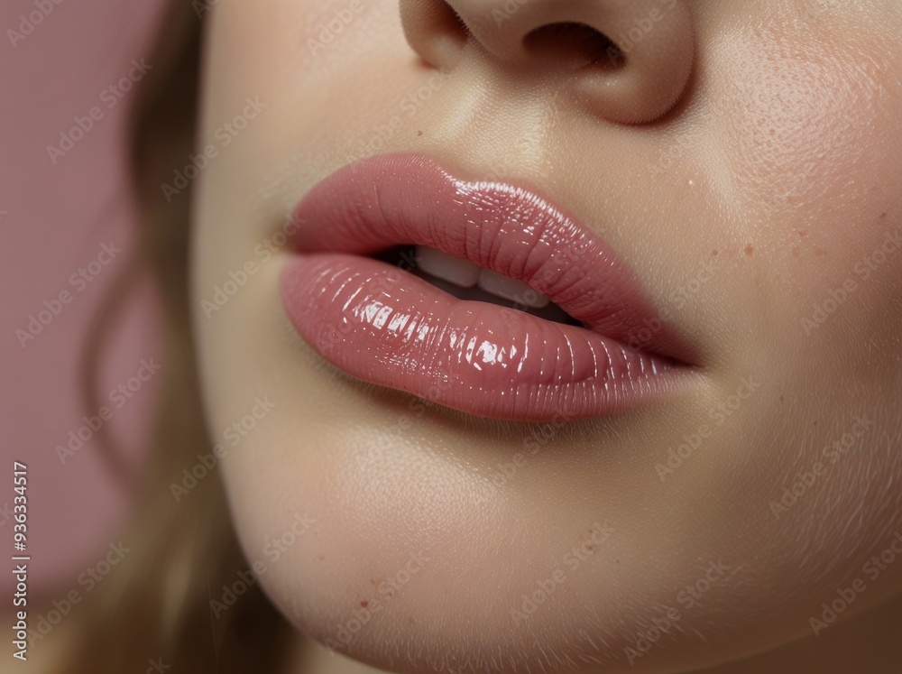 Obraz premium Close-up of a young woman's lips painted in light pink. Shallow depth of field.