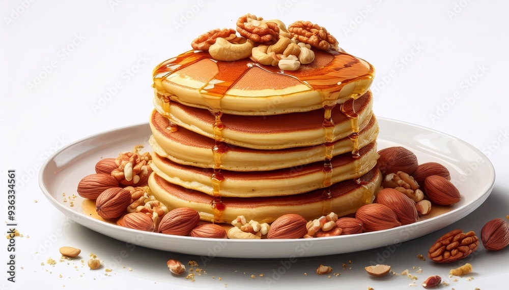 a stack of delicious pancakes sprinkled with honey and various nuts on a white background
a stack of delicious pancakes sprinkled with honey and various nuts on a white background