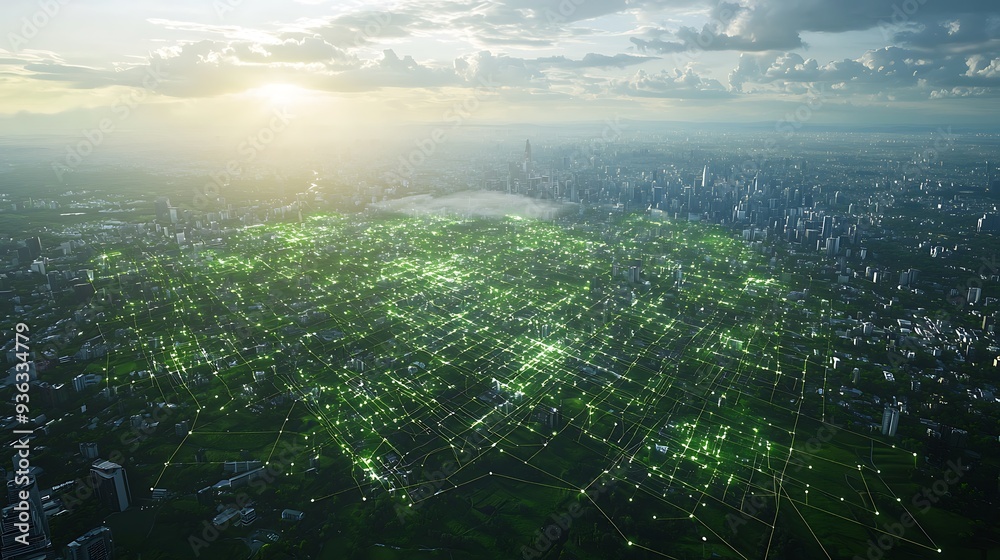 custom made wallpaper toronto digitalAerial view of a cityscape with network connections and green space, showcasing the blend of urban development with digital technology and nature.