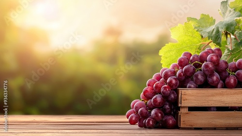 Fresh grapes in a wooden crate, surrounded by lush greenery and warm sunlight, perfect for illustrating nature's bounty.