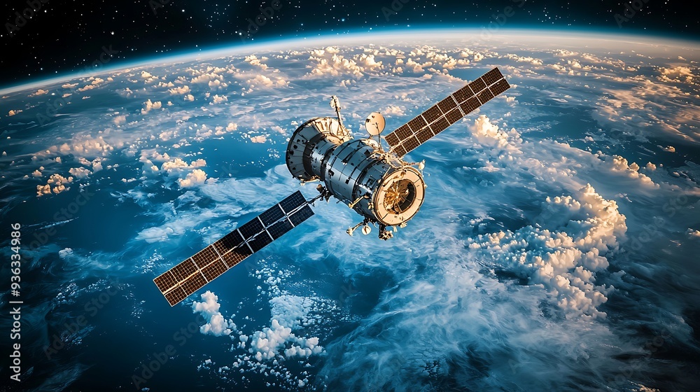 Obraz premium Spacecraft orbiting Earth with clouds and stars, blending the wonder of space exploration with the beauty of our planet as seen from above.