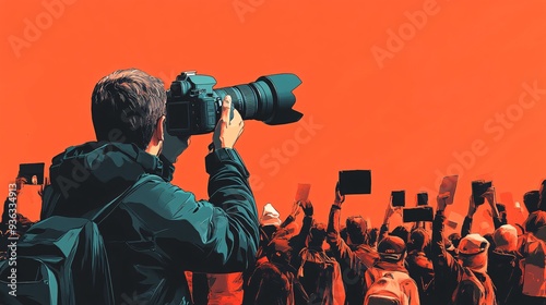 A photojournalist capturing a moment of protest with a camera, surrounded by demonstrators, with a light solid color background photo