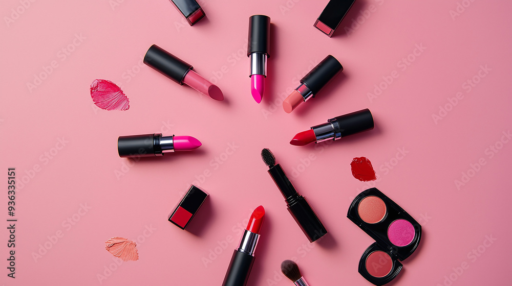 a variety of lipsticks, eyeshadow palettes and blending brushes, on pink background, beauty business